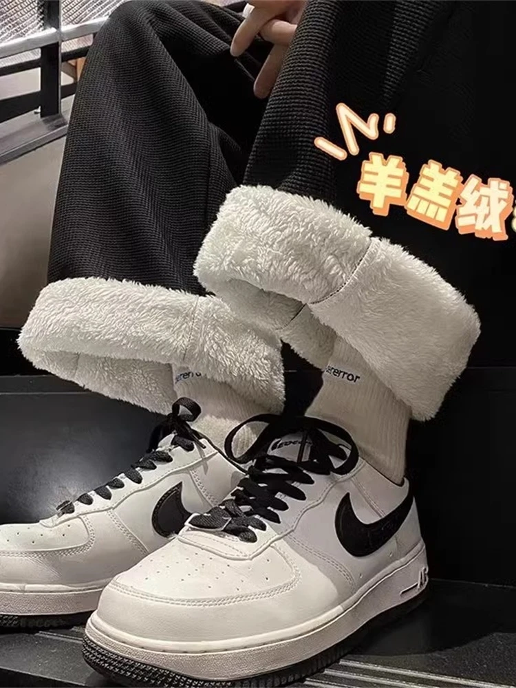 

Утепленные зимние спортивные брюки с подкладкой из овечьей шерсти, мужские свободные прямые повседневные длинные брюки оверсайз с эластичным поясом, однотонные, молодежные