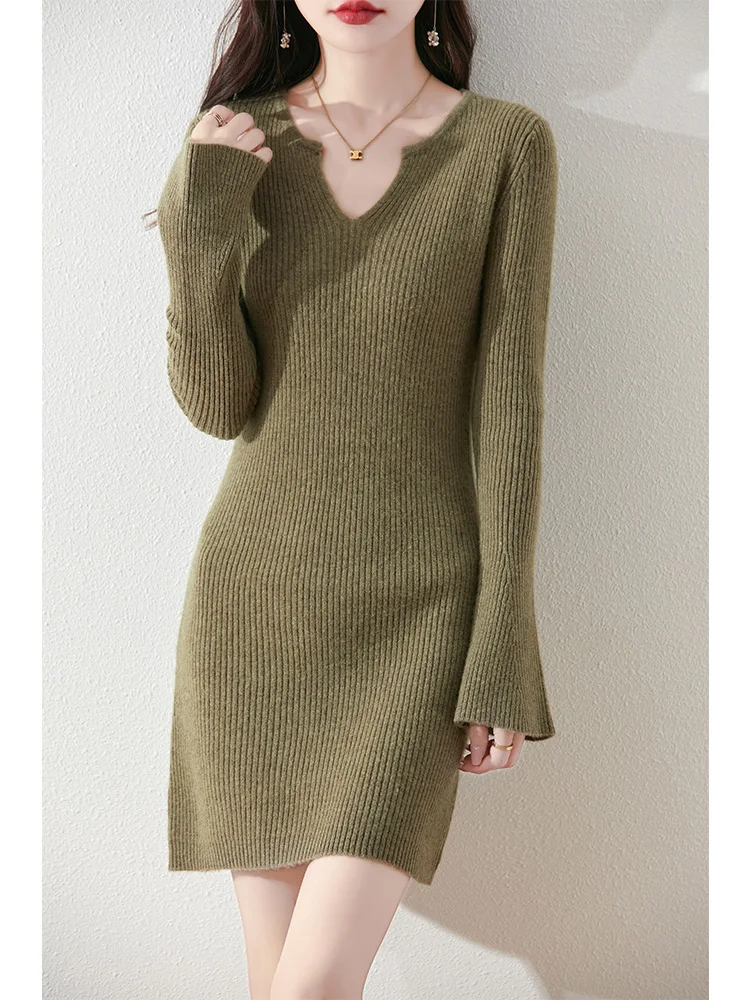 

Women Wool Dress Slim Pullover Autumn Winter 100% Merino Wool Knit Office Lady Flare Sleeve Cashmere Sweater Above Knee Skirt