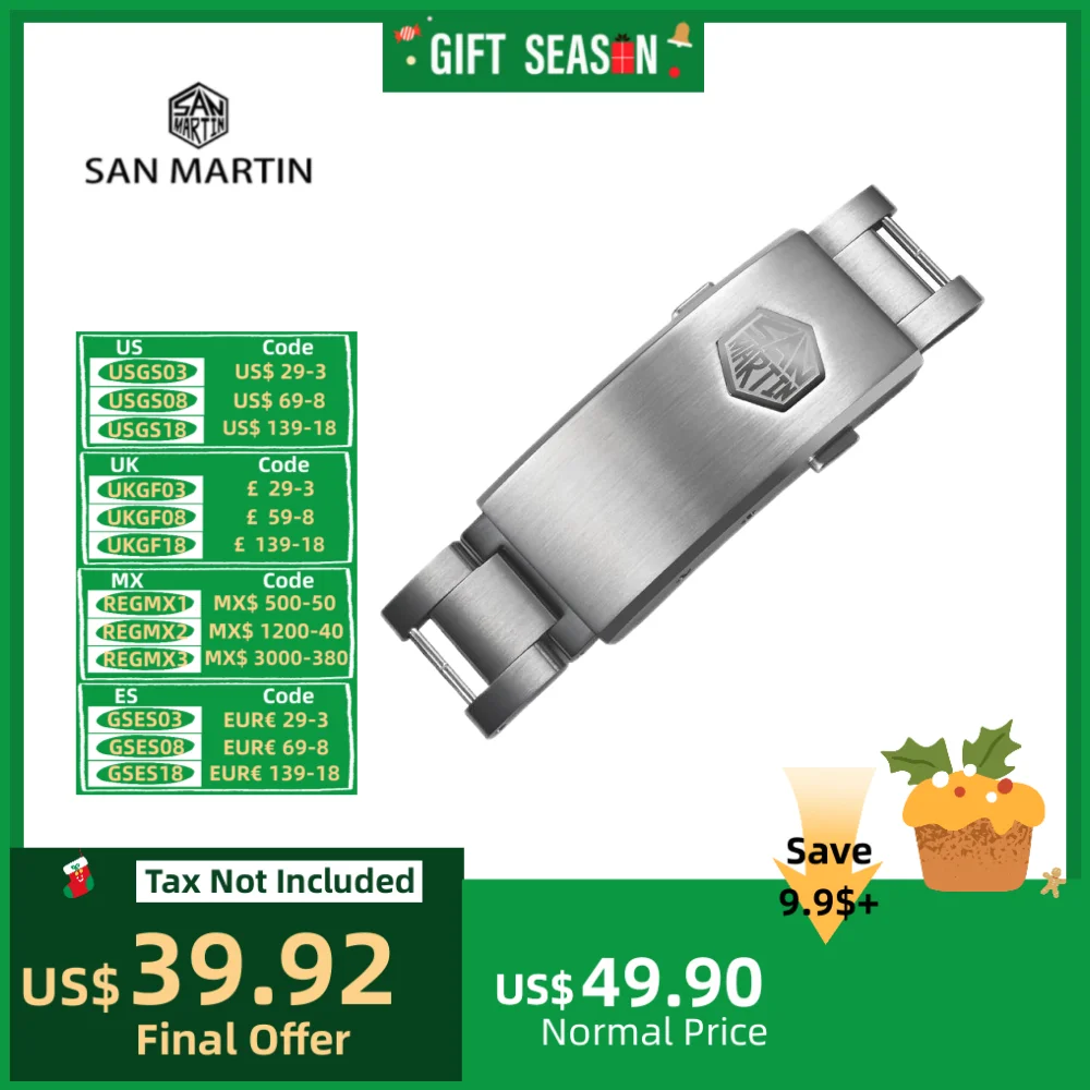 San Martin 16mm 316L Stainless Steel On The Fly Adjustable Watch Clasp For Notched Pins & Tubes Structure Bracelet BK1642-KGV1