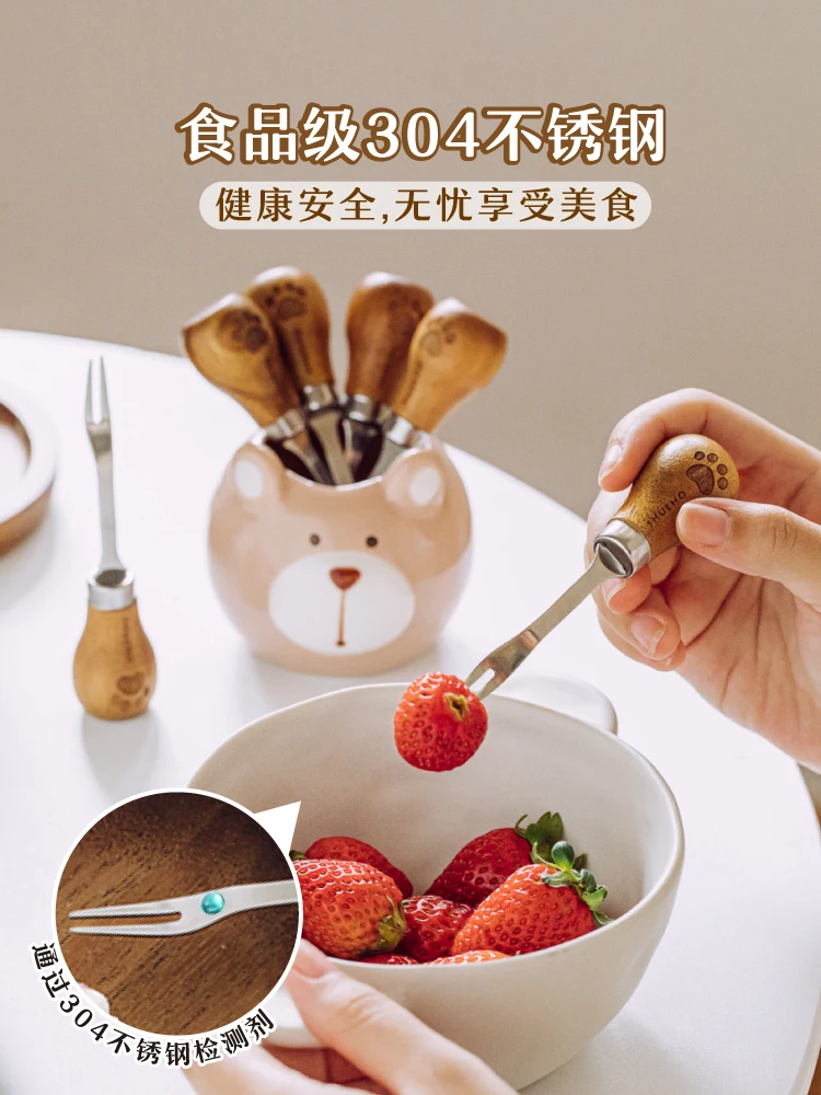 Tree Can Fruit Fork Stainless Steel Children's Fruit Sticks Watermelon Dessert Cake Cute Fruit Insert Storage Can Small Fork Set