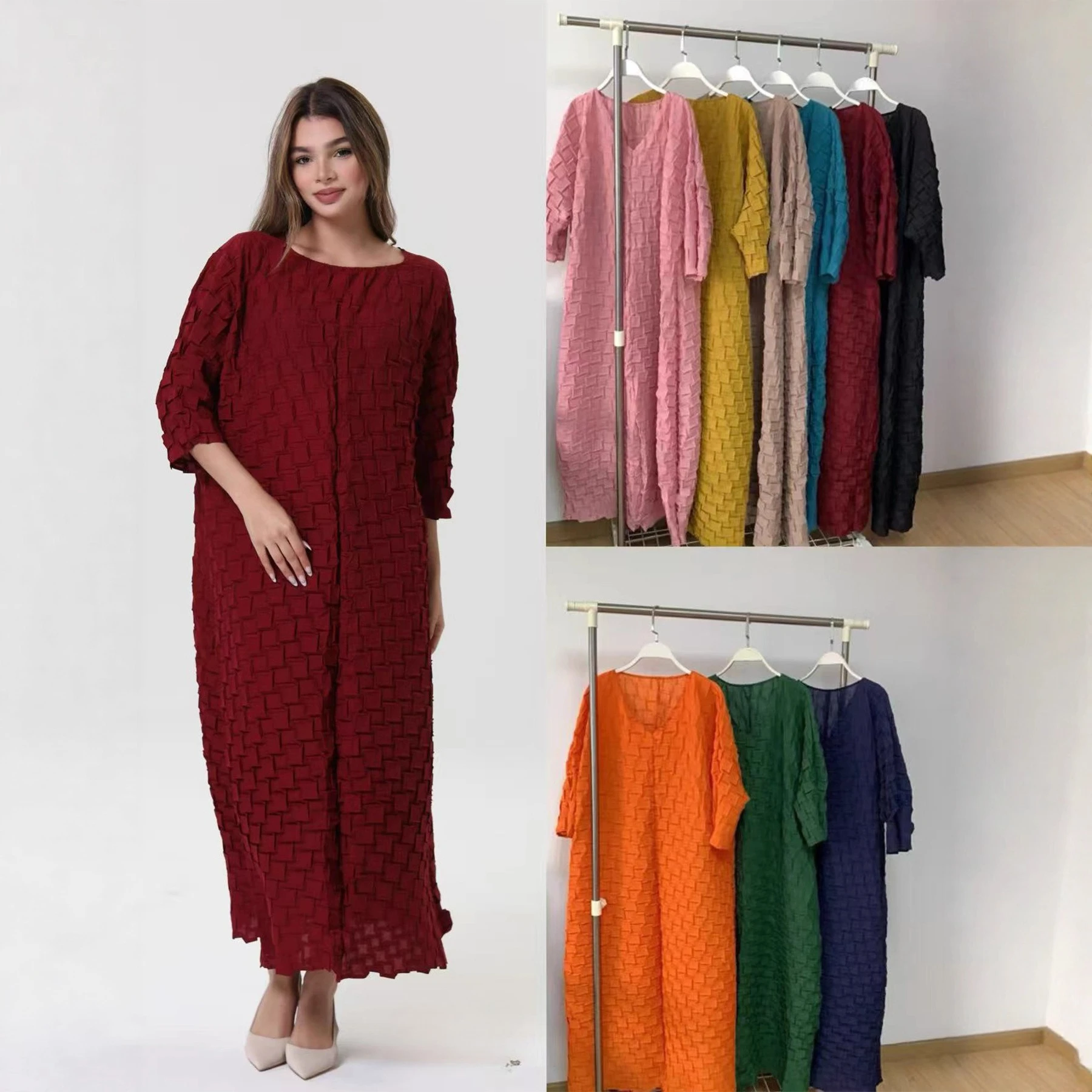 

Miyake Pleated Dress 2025 with Raglan Sleeves, Round Neck, Square Pleats, Loose Oversized, Fashionable Commuting Long Dress