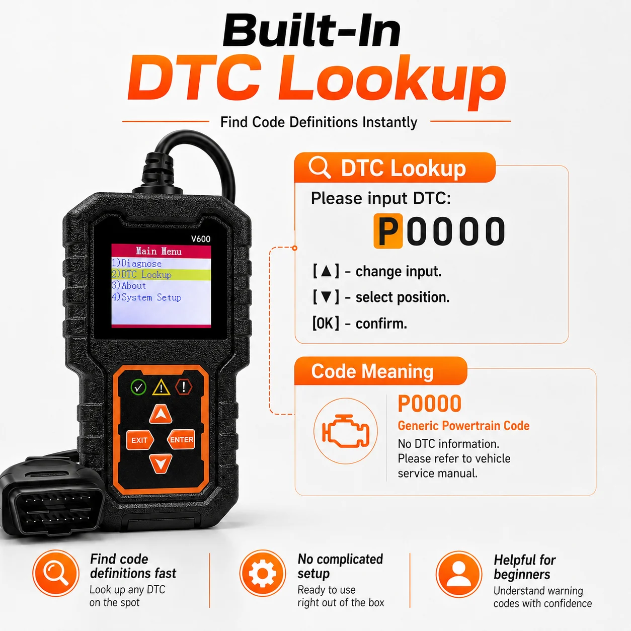 V600 OBD2 Scanner Professional Car Code Reader Engine Fault Detector Live Data Stream DTC Clear Check Engine Light Diagnostic To