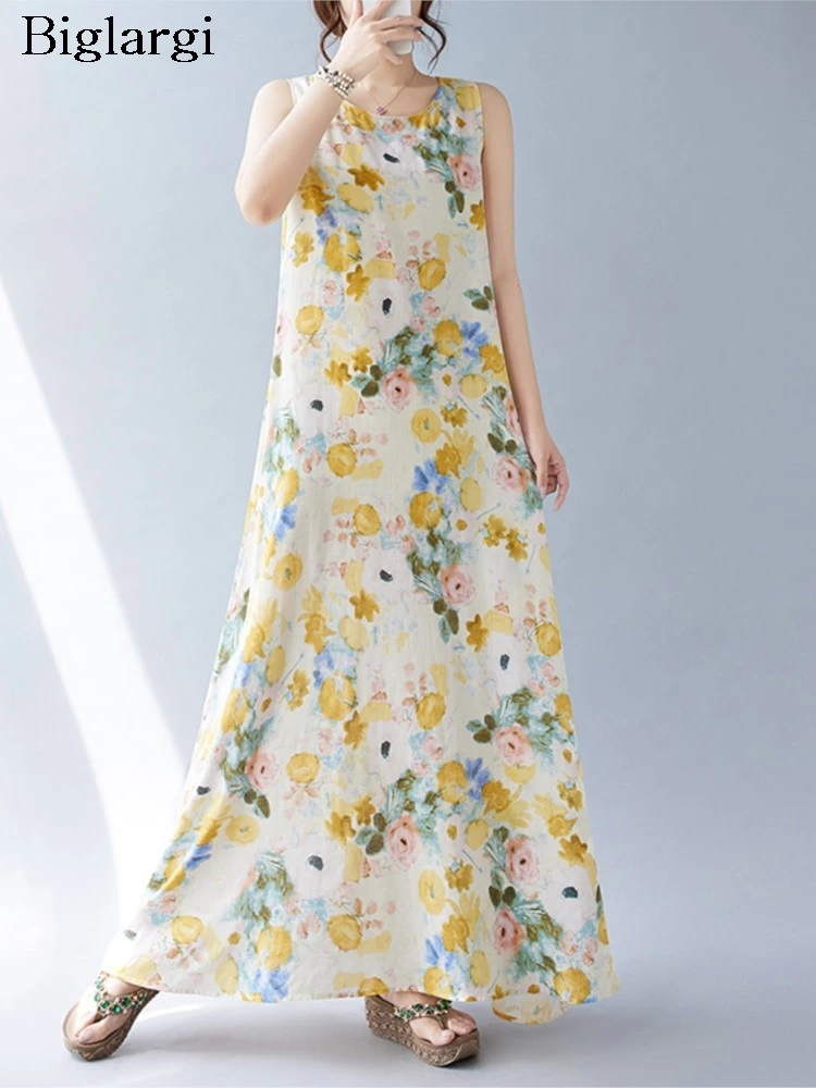 

Oversized Summer Flower Floral Print Sleeveless Dress Women Loose Ruffle Pleated Fashion Ladies Dresses Casual Woman Long Dress