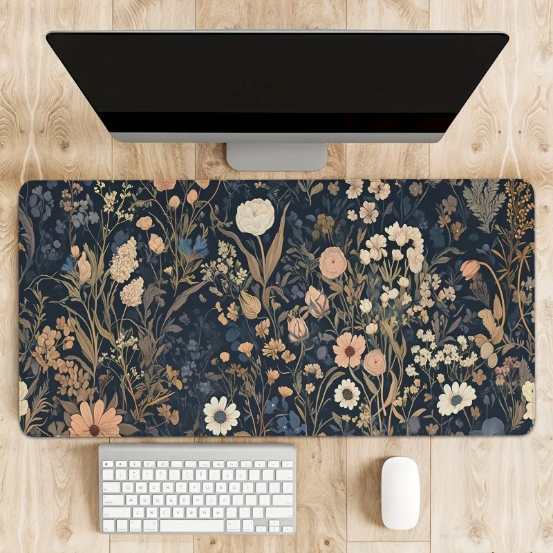 

Floral deep blue desk mat, large ergonomic mouse pad, wildflower design, anti-slip rubber base, office computer PC accessory