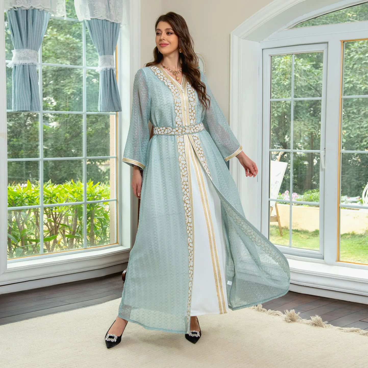 Women's Dress Jalabiya Set Evening Dress with Diamond Embedding Luxury Style Robe