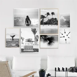 Black White Landscape Posters Surf Girl Coconut Tree Canvas Painting Sea Whale Art Prints Nordic Wall Pictures Living Room Decor