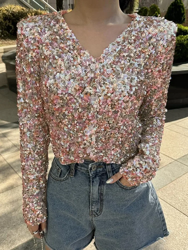 Y2K Women's Tops Long Sleeve Slim Fit T-Shirt Spring Glitter Sequin Sparkle Party Shirt Elegant V Neck Button Up Office Cardigan