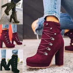 Women Platform Rivet Ankle Boots Female Retro High Heels Autumn Fashion Sexy Lace-Up Pumps Ladies Shoes Plus Size 35-43