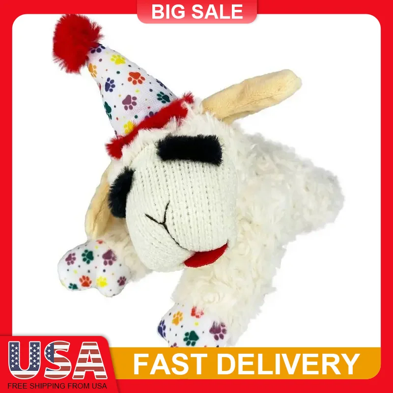

Birthday Lamb Chop Dog Toy Plush Squeaky Puppy Small Medium Size Cuddle Play Party Celebration Fun Soft Pet Chew