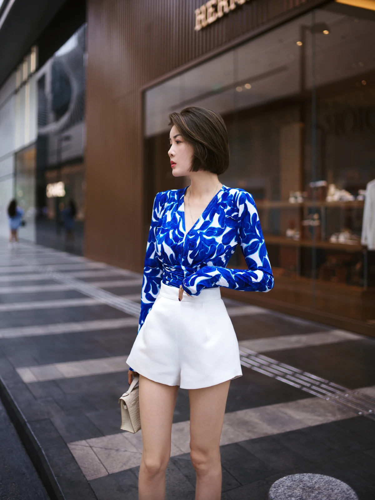 

XULU Original Spring New Crystal Linen Print Base irt Ele Slim Long Sve V-ne-Piece Top Women's T-irt