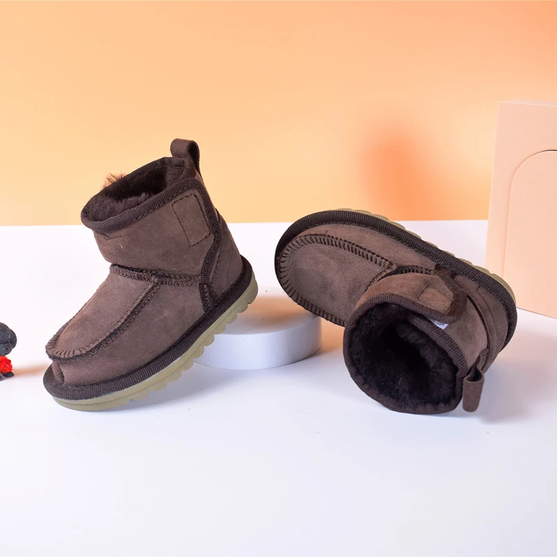 New Winter Children Snow Boots Genuine Leather 100% Wool Fur Toddler Boys Boots Soft Sole Warm Baby Girls Boots