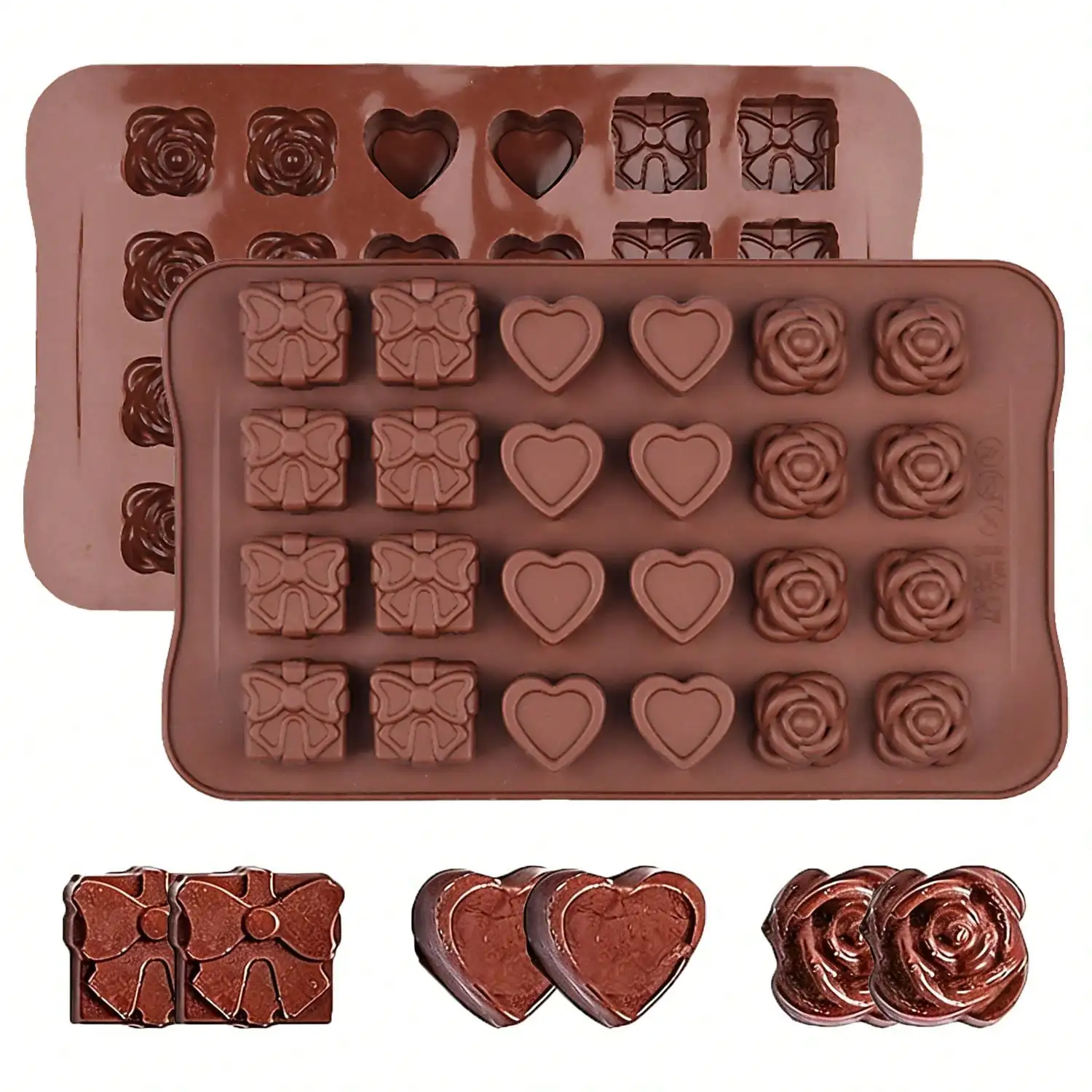 24 Cavity Silicone Chocolate Molds,Rose Heart and Gift Box Shapes,Non-Stick Silicone Candy Molds for Chocolate,Jelly,Baking