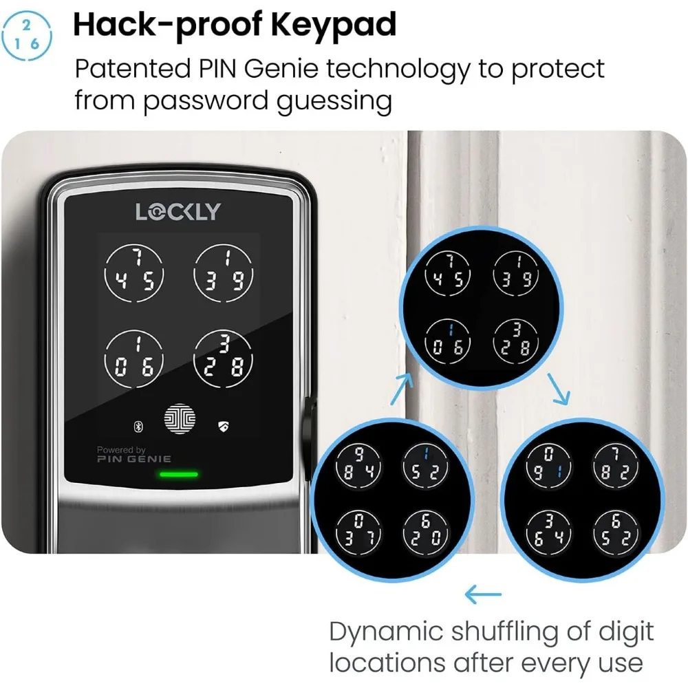 กุญแจล็อคประตูแบบไร้กุญแจ Secure Plus, ระบบล็อคอัจฉริยะสำหรับประตูหน้าบ้าน, ระบบล็อคแบบเดดบอลท์อัจฉริยะ, PIN Genie ®   แป้นพิมพ์, เครื่องสแกนลายนิ้วมือไบโอเมตริกซ์ 3 มิติ