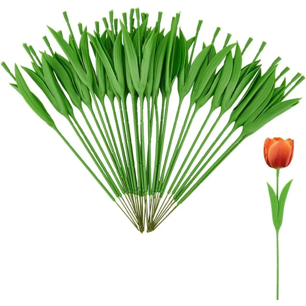 30PCS 13Gauge Floral Wire Stem with Leaves Artificial Tulip Wire Stem Bouquets Floral Arranging Stem Wrap Plastic Wrapped Floral