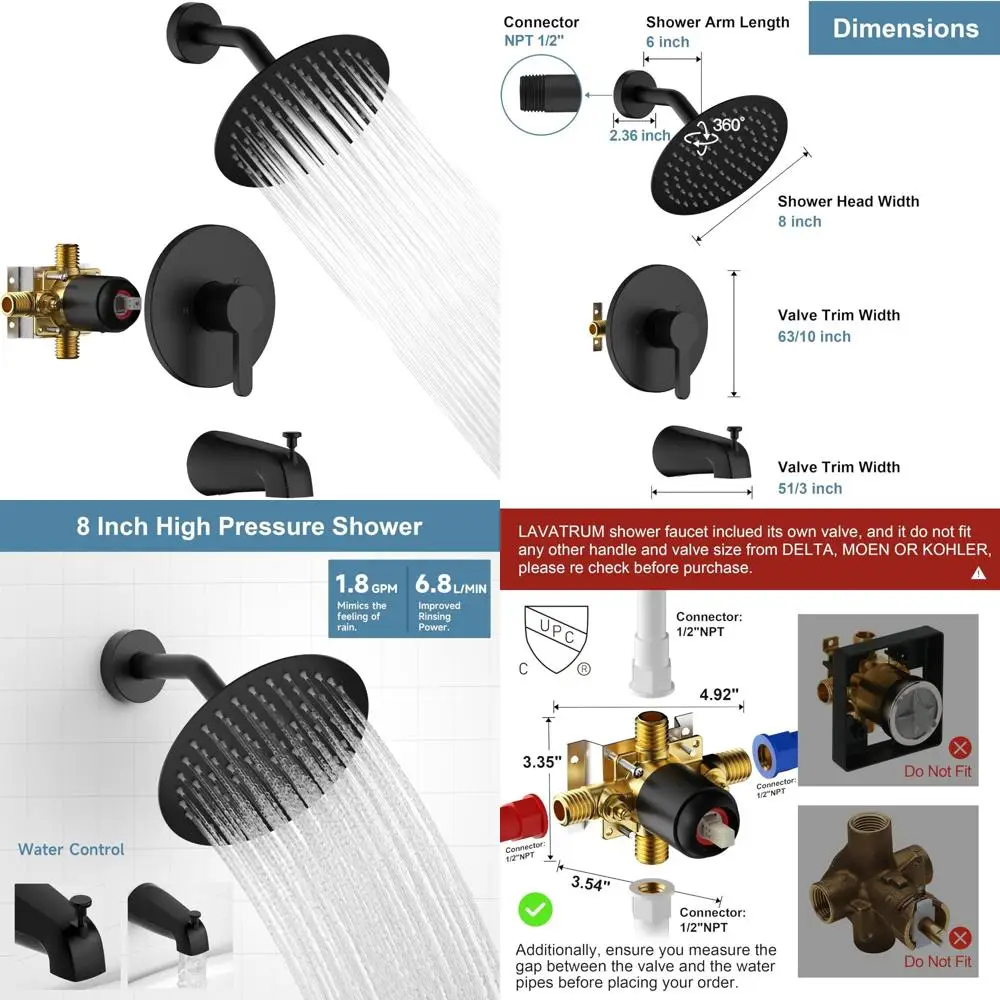 

Matte Black Tub Shower Faucet Set (High-Pressure Balancing Valve) with 8-Inch Shower Head and Tub Spout Single-Handle Tub and Sh