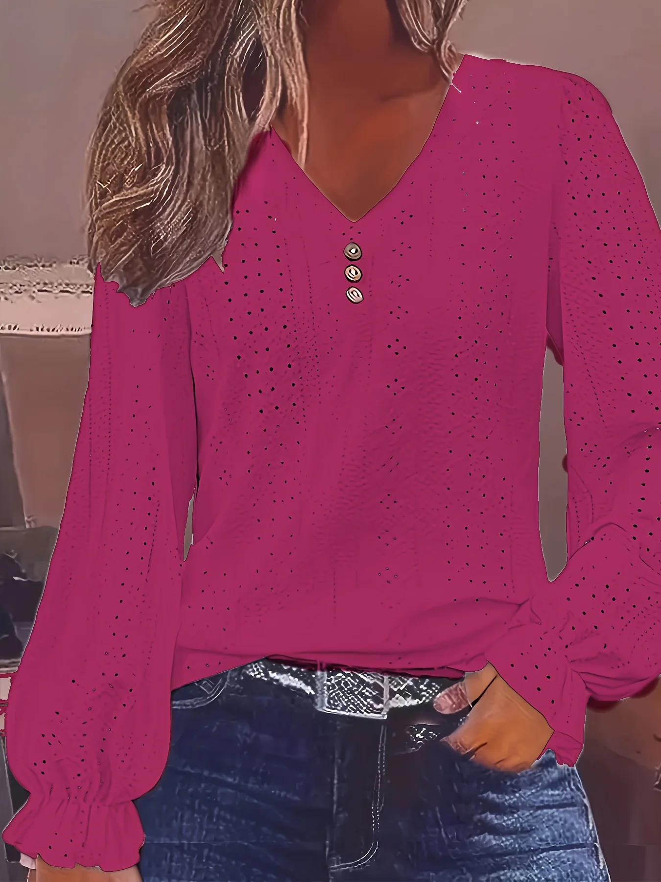 Plus Size T-Shirt mit Ösenknopf-Dekor, lässiges V-Ausschnitt-Langarm-Top für Frühling und Herbst, Damen-Kleidung in Übergröße – Detail 22