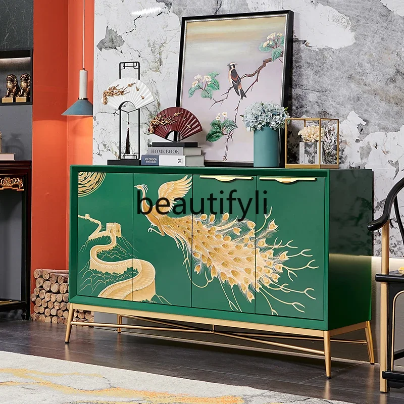 

Modern light luxury new Chinese retro emerald dining side cabinet painted peacock living room entrance storage cabinet