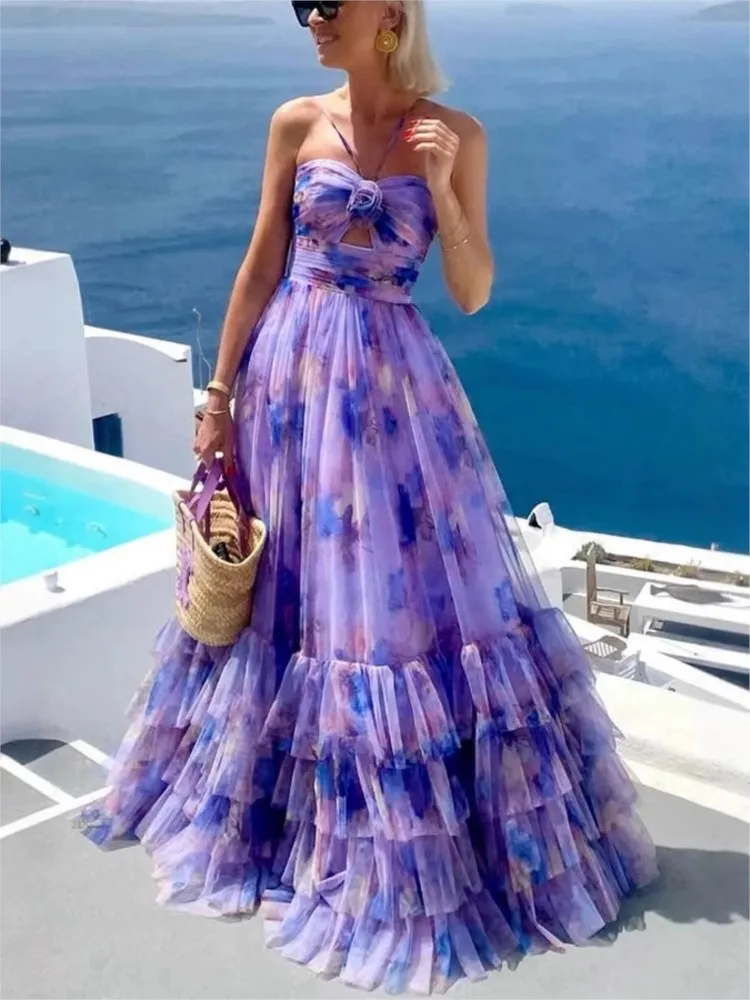 Layered Mesh Printed Dresses Women's Evening Party Dress Halter Neck Off Shoulder High Waist Holiday Banquet Long Vestidos New