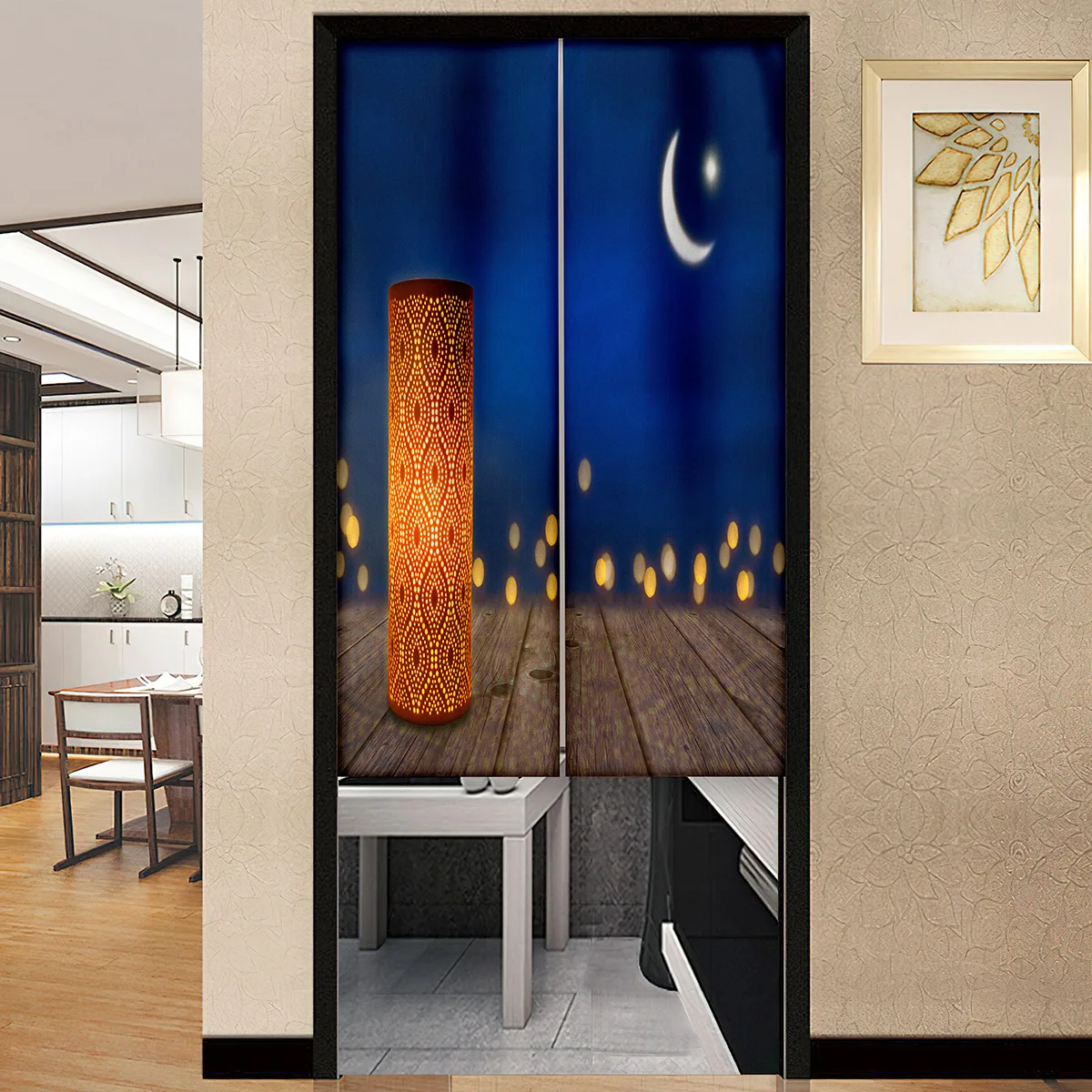 Golden Moon Print Door Curtain Traditional Chinese Panel Japanese Style Doorway Curtains Entrance Noren Wc Hanging Half-Curtain