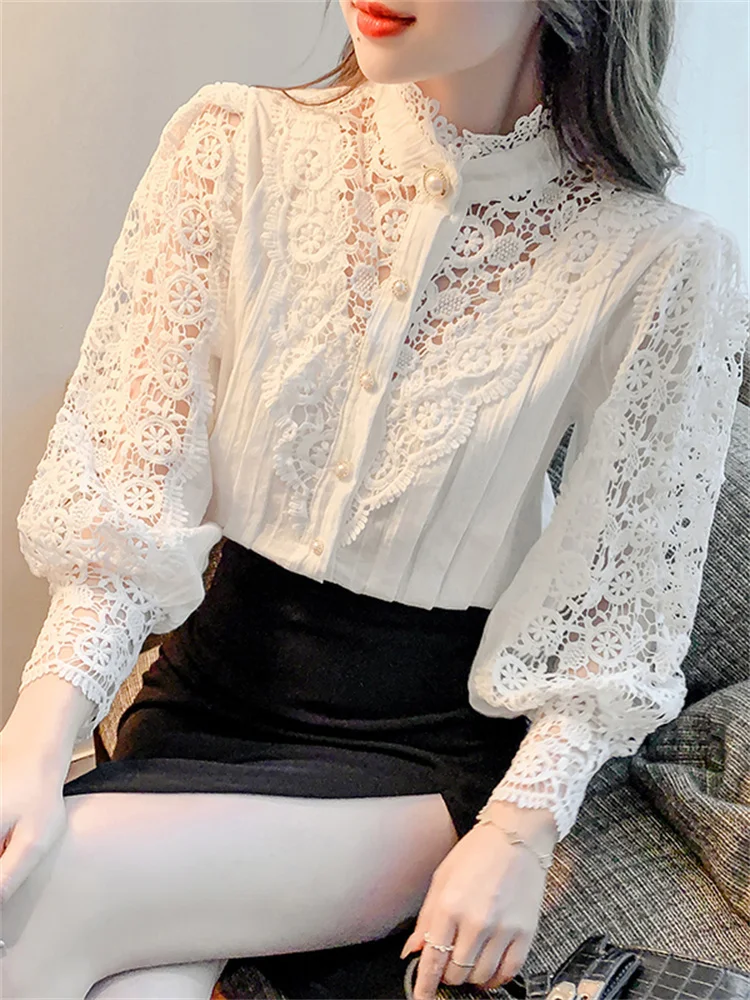 #3241 Black Beige Lace Shirt Women Stand Collar Split Joint Hollow Out Vintage Hollow Out Long Sleeve Shirt Ladies Pearls Button