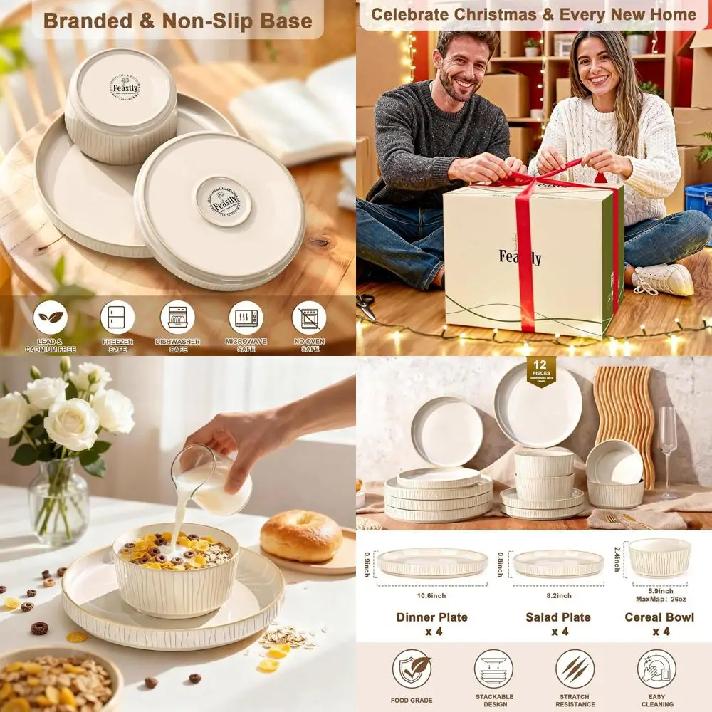 

Ribbed Reactive Glaze Stoneware Dinnerware Set for 4, 12-Piece Ceramic Plate and Bowl Set, Microwave and Dishwasher Safe, Cappuc