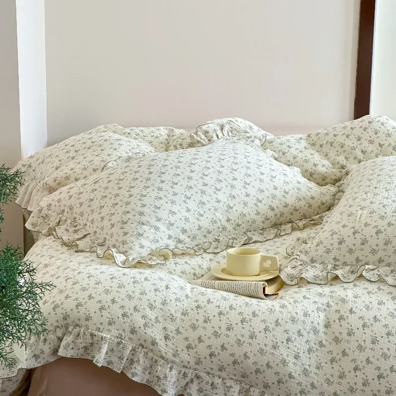 

Class A maternal and infant grade double-layer yarn small fresh green floral Korean cotton quilt cover sleeping naked sheets ins