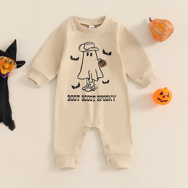 

0-18M Baby Boy Girl Halloween Romper Letter Ghost Print Long Sleeve Full Length Jumpsuit for Fall