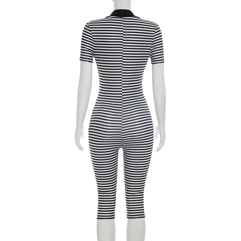 Trendige Damen-Playsuits mit V-Ausschnitt, gestreiften Knöpfen, Umlegekragen, Capri-Beinen, Sommer-Casual-Bodysuits, Loungewear – Detail 12