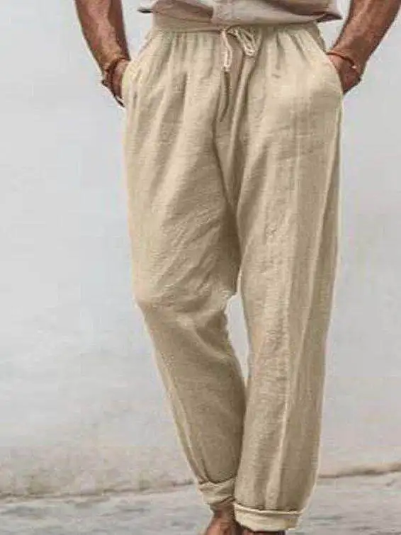 

Retro Cotton Linen Men's Casual Pants Loose Straight Leg Long Trousers Pure Color Versatile Rope Workwear Breathable