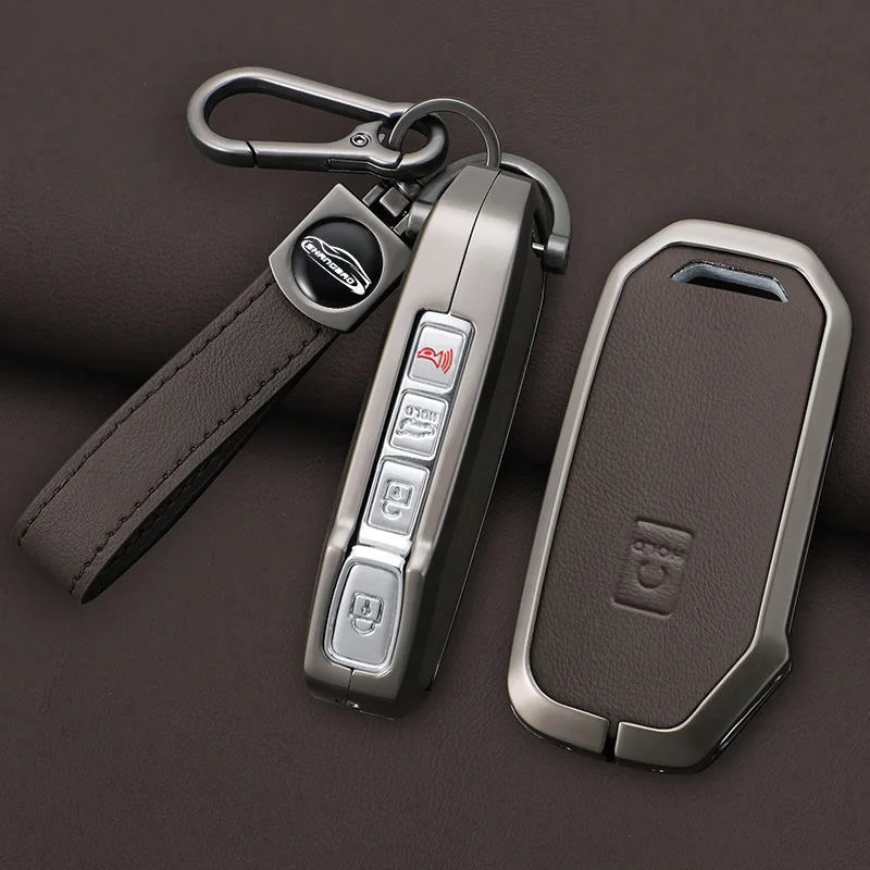 Metal+leather Key Shell Fob Holder for Kia Sorento MQ4 2020 2021 2022 EV6 K8 V6 7 Buttons Car Remote Key Case Cover Protector