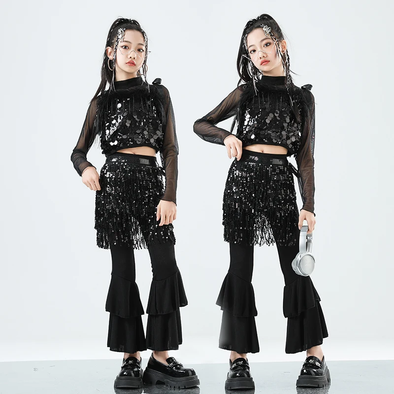 Mädchen K-pop Silber Pailletten Mesh Crop Top Street Dance Hosen Kinder Hip Hop Shiny Streetwear Kinder Jazz Mädchen Gruppe kleidung Sets