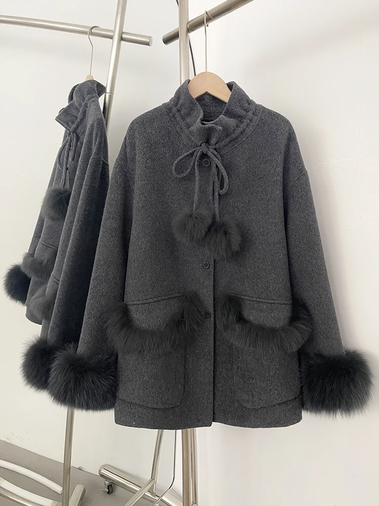 신상 여성 루즈핏 리얼 폭스 퍼 100% 울 코트 모자 포함 천연 모피 캐시미어 울 재킷 여성 가을 겨울 상의