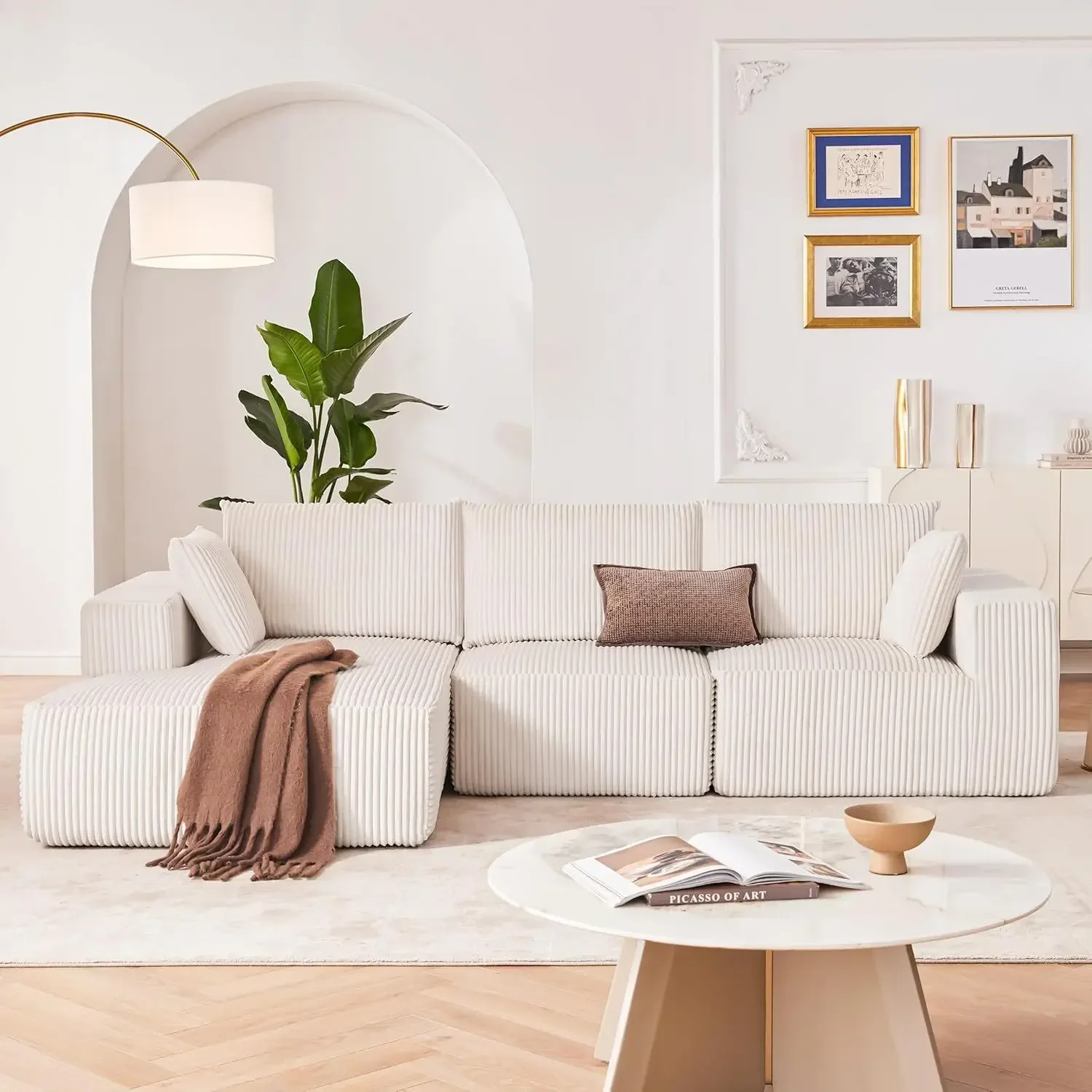 

Modern L-Shaped Modular Living Room Sofa, Full Foam Compressed Corduroy Sectional Couch, Sleeper Sofa for Bedroom & Living Room