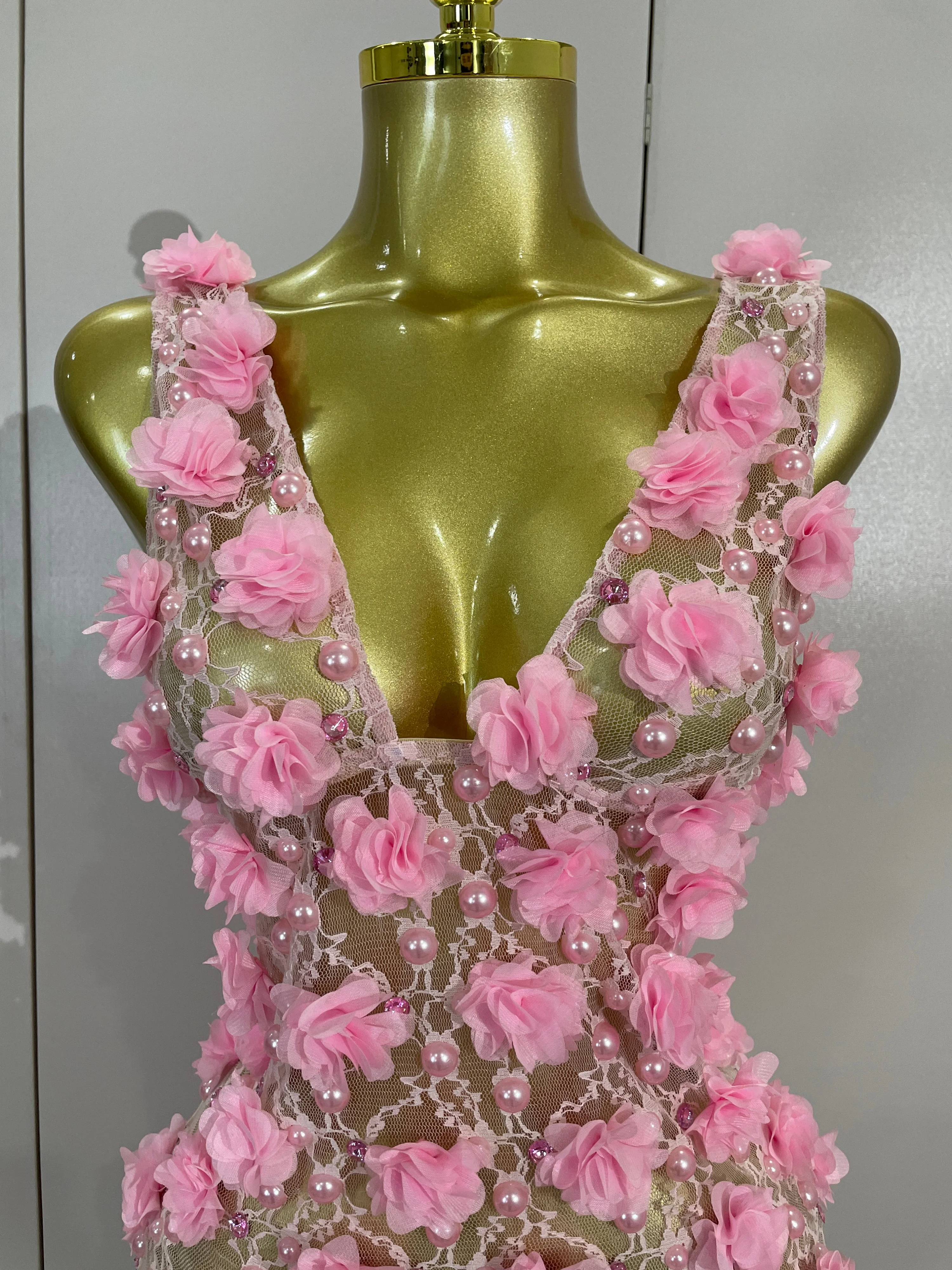Robe de soirée pour femmes, robe de club, robe d'anniversaire, robe rose à fleurs en perles, robe en