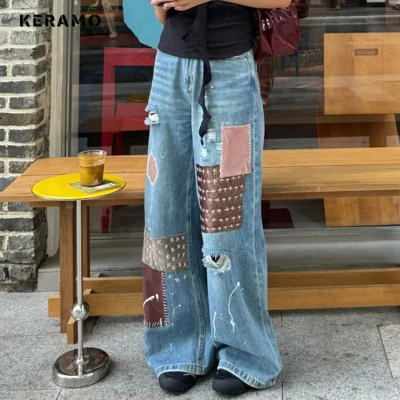 Street Vintage High Waisted Straight Emo Jeans Women's Casual Ripped Pants Baggy Y2K Wide Leg Grunge Patchwork Denim Trouser