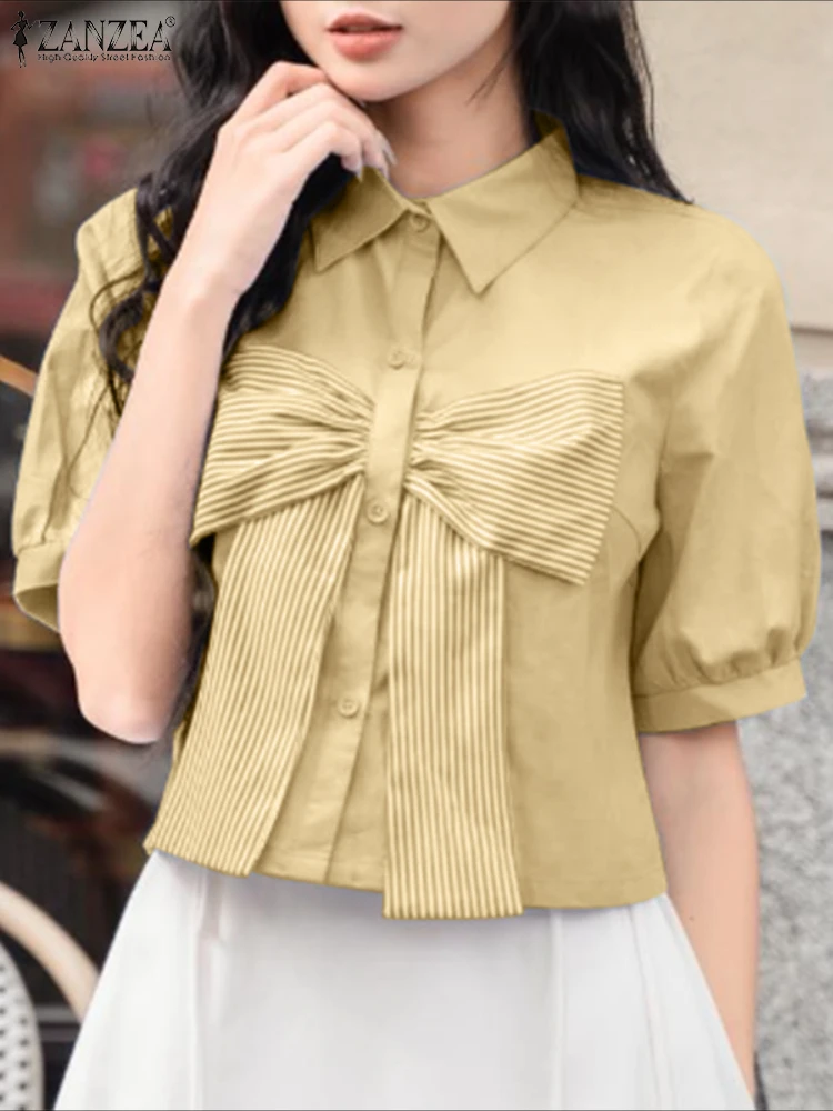 เสื้อเชิ้ตหลวมๆผู้หญิงแขนสั้นโบว์บลูซาส 2025 ZANZRA แฟชั่นเสื้อคอปกเสื้อสีทึบเสื้อขนาดใหญ่
