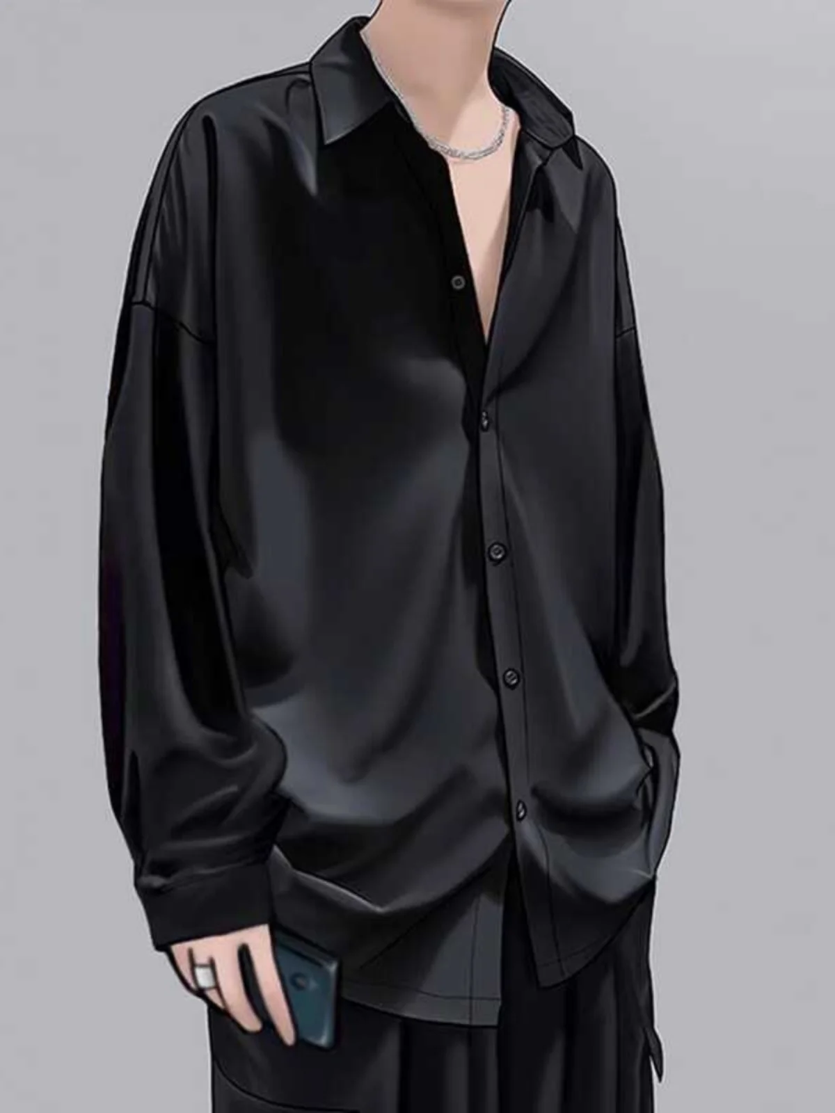 

Bla Long Sve Ice Silk irt Men's Casual Loose Fit Summer Faionable Youthful Polyester Cotton Blend Stand Tailoring