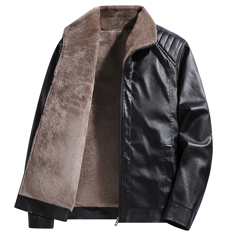 Man Fleece Lined Winter Jacket Fashion Retro Motorcycle Biker Jacket Faux Leather Coat Outwear Casual Streetwear Leather Jacket