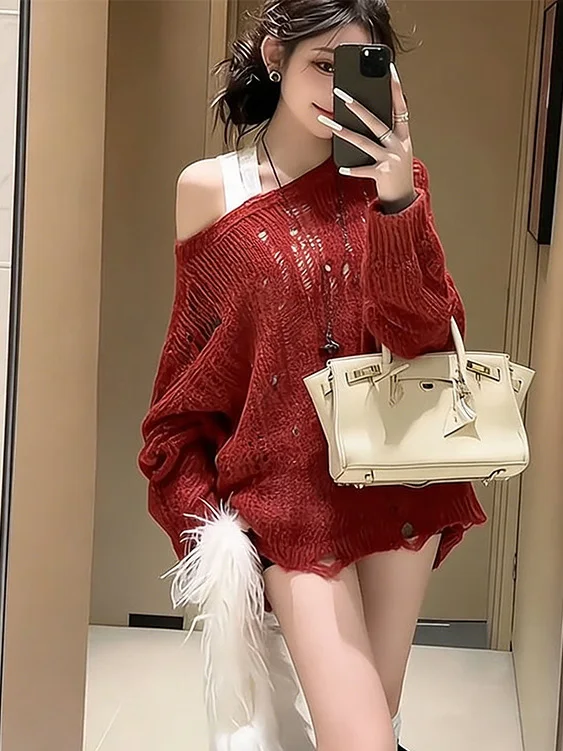 

Red Hollow out oulder Slanting Women's Knitted Sweater Spring Loose Lazy Sle Pure Desire Outer Knitted Cover up Top