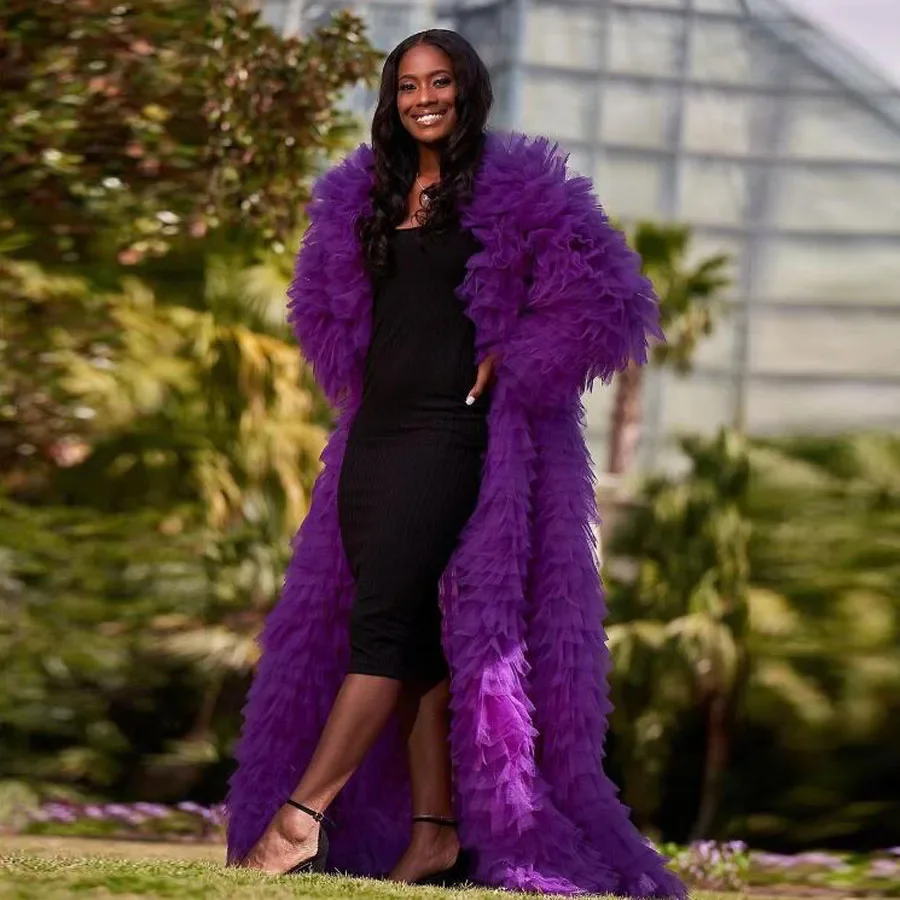 Preciosa Chaqueta larga de tul escalonado con volantes de color morado oscuro, traje de mujer de tul drapeado de manga larga para escenario drag queen