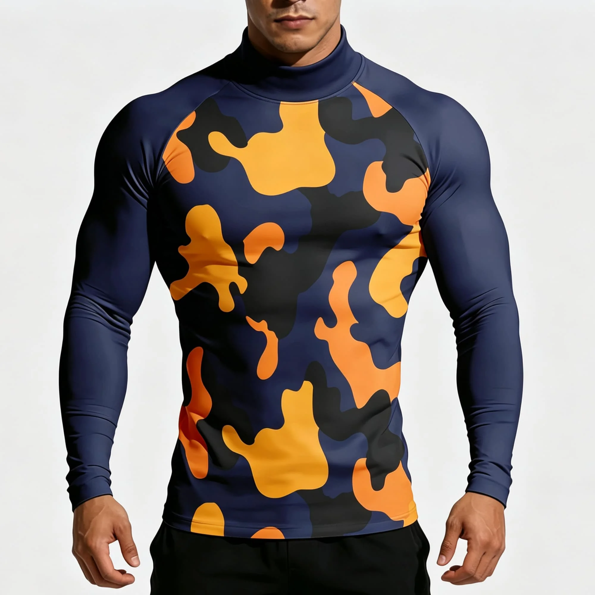 Color Block Camouflage Print Men Mock Neck Compression Tee Long Sleeve Stretch Fitness Training Sport Shirts
