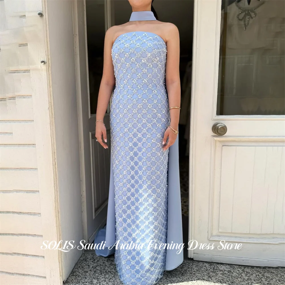 

SOLIS Dusty Blue Party Dresses Strapless Evening Dresses with Scarf فساتين السهرة with Beading Modest Customized
