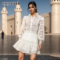 CHICEVER Embroidery Two Piece Sets For Women Lapel Long Sleeve Single Breasted Tops High Waist Loose Mini Skirt Solid Set Female