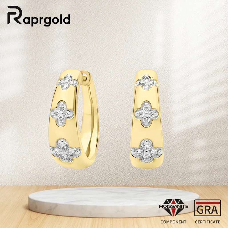 

RAPRGOLD Full Round Cut Moissanite Trio Flower Hoop Earrings for Women 925 Sterling Silver Clover Fine Jewelry Gifts Pendientes