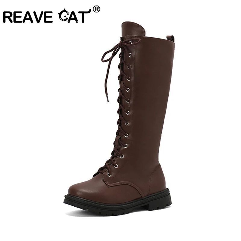 REAVE CAT Women Knee High Boots Round Toe 3.5cm Heel Lace Up Big Size 46 47 48 US17 Party Bota Faux Leather Mortorcycle Ridding