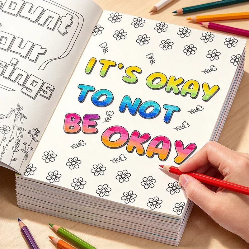 1 Adult Mental Health Healing Coloring Book, Positive Energy Short Sentences for Mental Health, Floral Border Drafts, 32 Pages