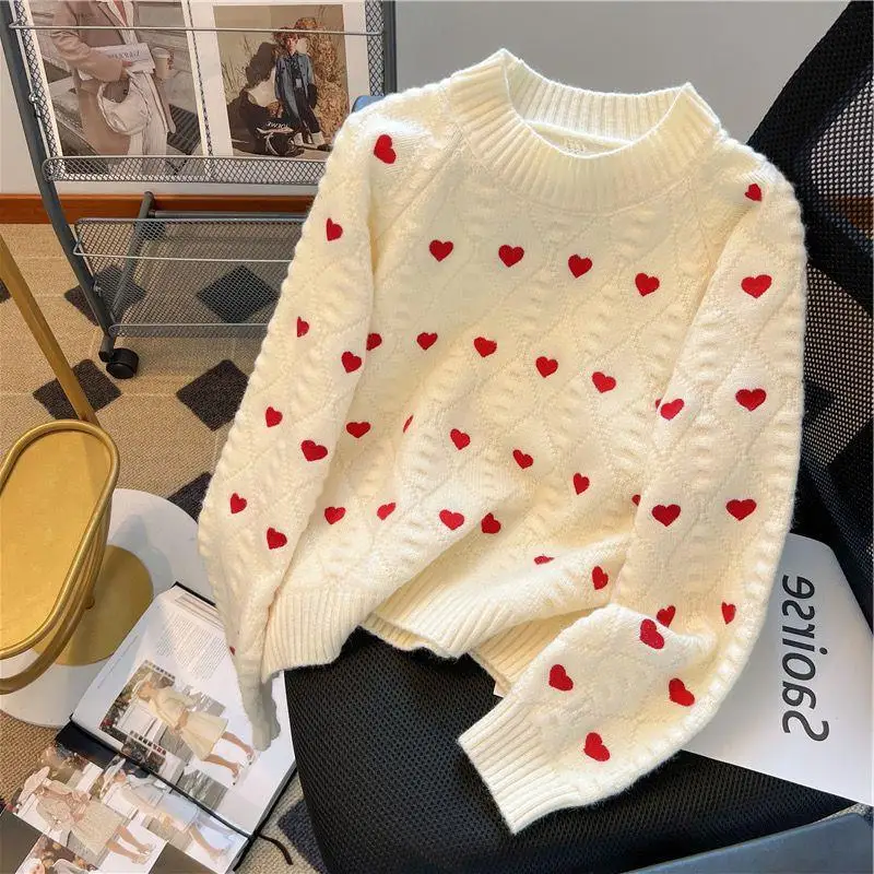 Yangelo Fashion Heart Love Embroidery Knitted Pullover Sweater Vintage Long Sleeves O-Neck Female Chic Lady Tops