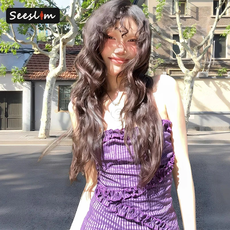 

Seeslim фиолетовый клетчатый корсетный топ женская одежда топ без рукавов сексуальная винтажная одежда 2000-х годов Y2k летние корейские майки без бретелек