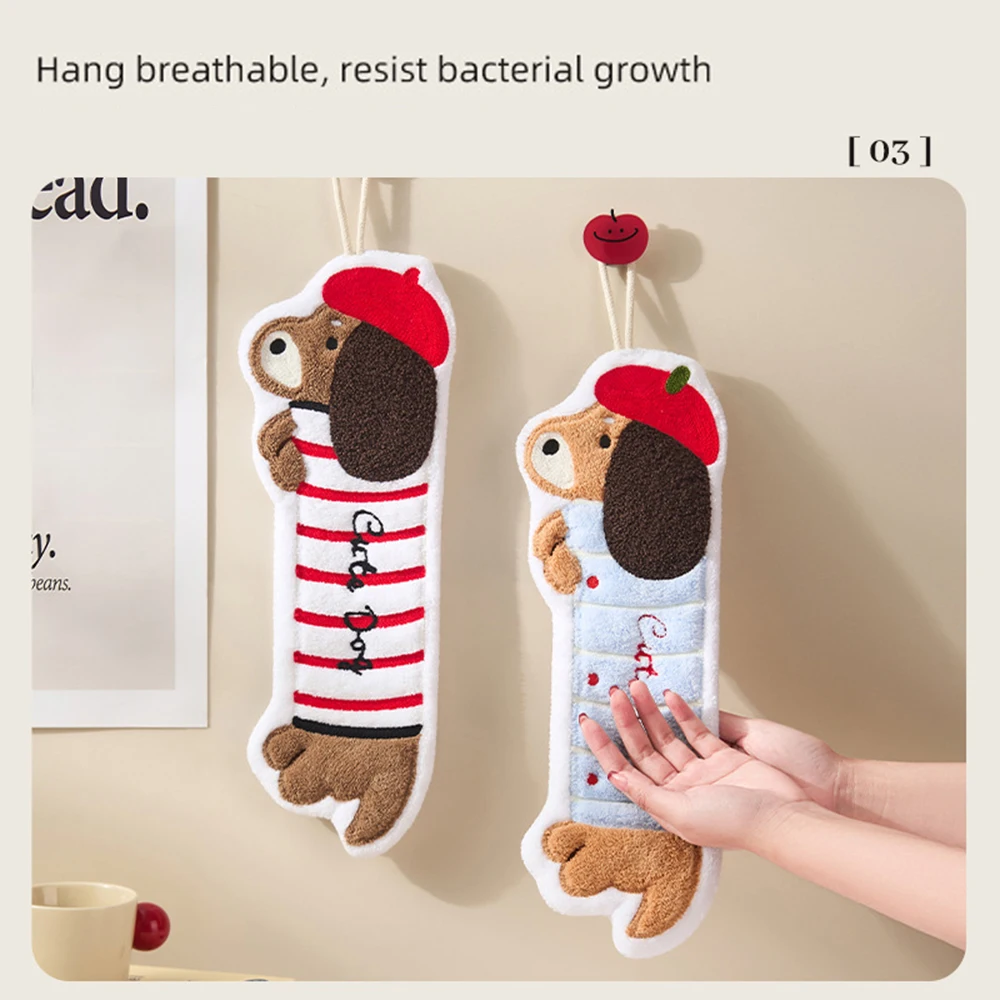 New Hangable Dachshund Dog Hand Towel Cute Embroidery Cartoon Hand Towel Strong Absorbent Kitchen Water Absorbent Cotton Towel