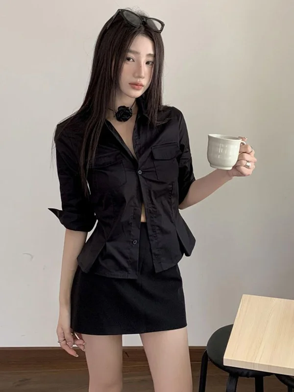 

Fashionable V-Neck Half Sleeve Shirt Top Women's Summer 2025 Slimming Skirt Black Two-Piece Set Collar Button Dress Code